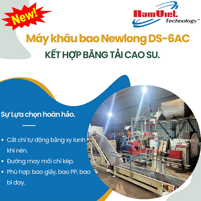 MÁY KHÂU BAO Newlong DS-6AC kết hợp băng tải.