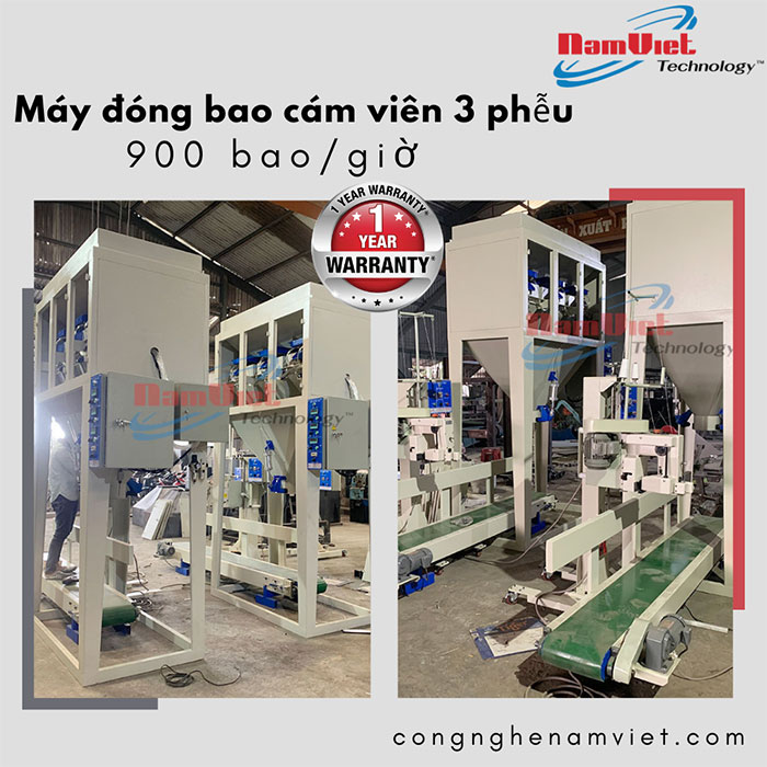 Máy đóng bao cám viên 3 phễu cân