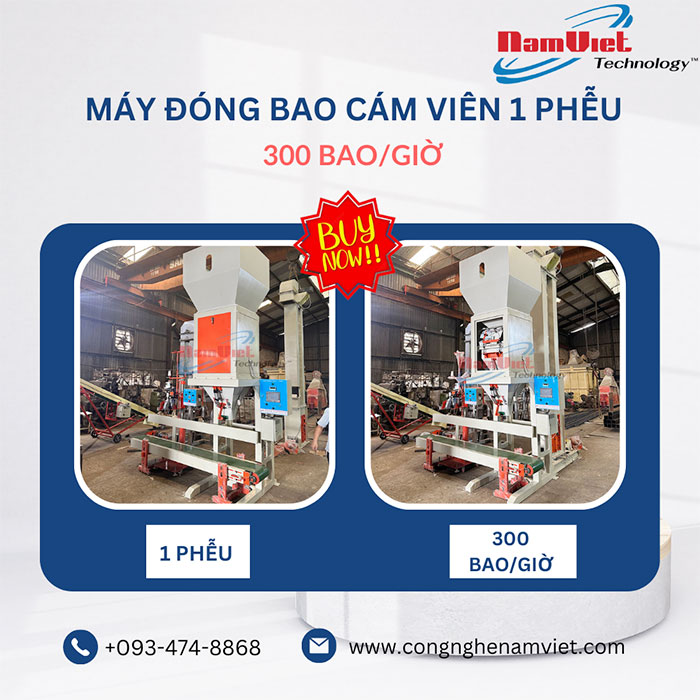Máy đóng bao cám viên 1 phễu cân 300 bao/giờ.
