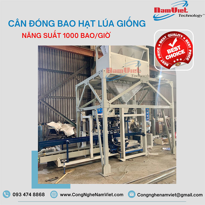 Máy đóng bao hạt lúa giống 3 phễu cân.