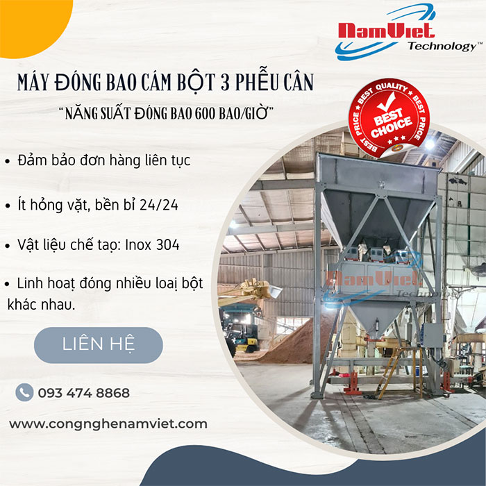 Máy đóng bao cám bột 3 phễu cân