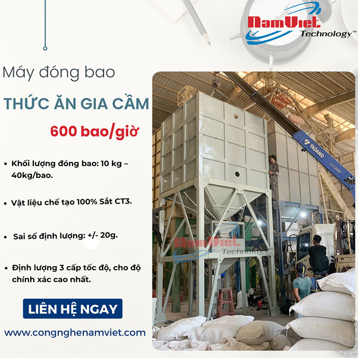 Cân đóng bao thức ăn gia cầm 650 bao/giờ.