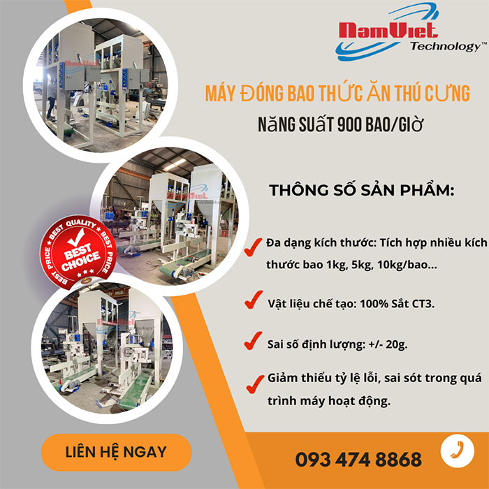 Máy đóng bao thức ăn thú cưng dạng viên 3 phễu cân.