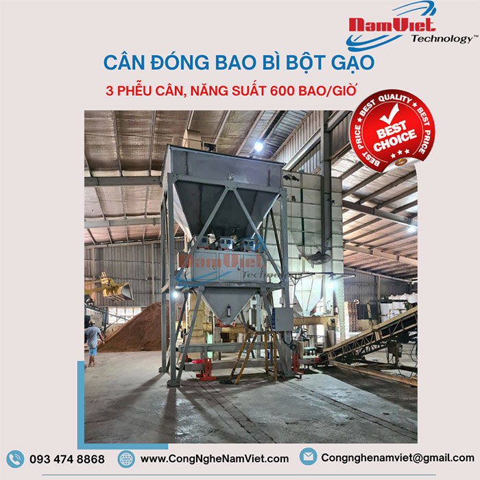 Cân đóng bao bì bột gạo 3 phễu cân