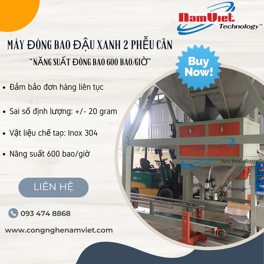 Cân đóng bao đậu xanh 2 phễu 600 bao/giờ.