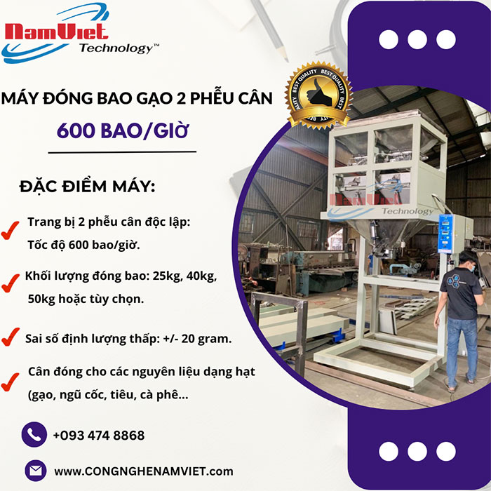 Máy đóng bao gạo 2 phễu cân 600 bao/giờ.