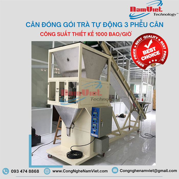 Cân đóng gói trà 3 phễu cân công suất 1000 túi giờ