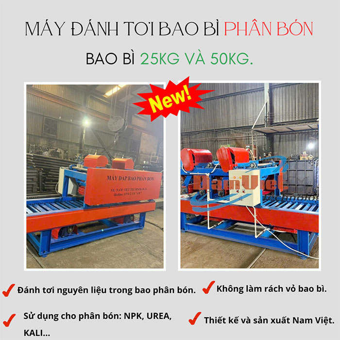 Máy đánh tơi phân bón bao bì 25kg, 50kg