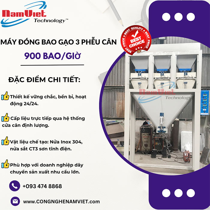 Máy đóng bao gạo 3 phễu cân