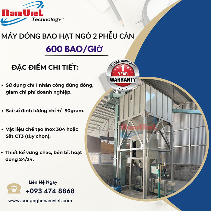 Máy đóng bao hạt ngô 2 phễu cân năng suất 600 bao giờ.