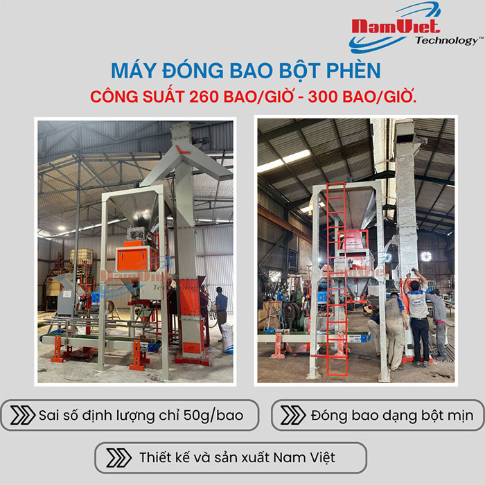 Máy đóng bao bột phèn 1 phễu cân.