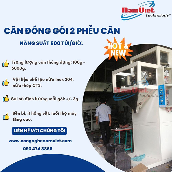 Cân đóng gói 2 phễu cân công suất 600 túi giờ