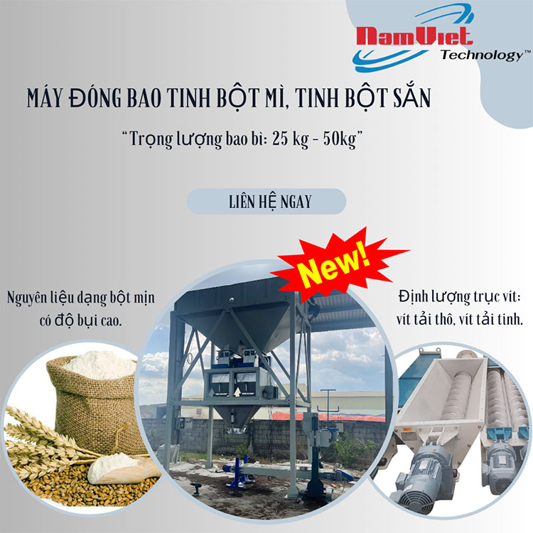 Máy đóng bao tinh bột mì, tinh bột sắn, bột gạo 25 – 50kg/bao.