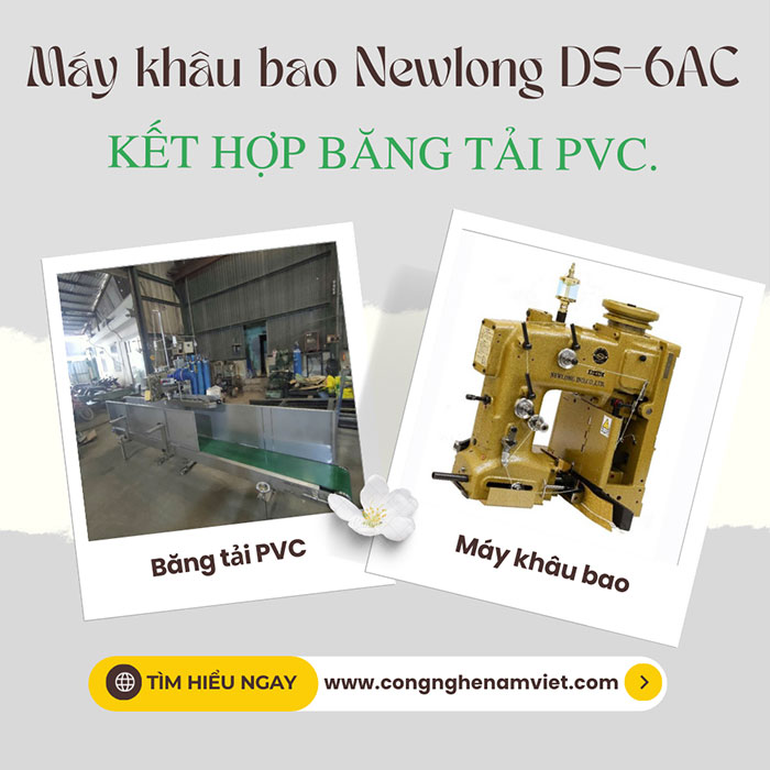 Máy khâu bao Newlong DS-6AC kết hợp băng tải PVC.
