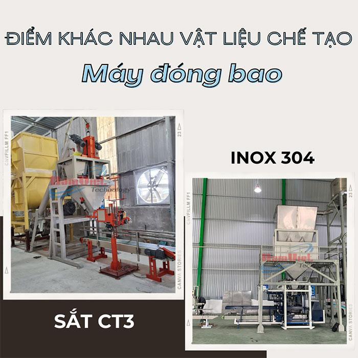 Điểm khác nhau giữa máy đóng bao làm bằng sắt CT3 và Inox 304.