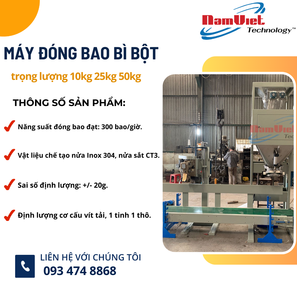 Máy đóng bao bì trọng lượng 10kg 25kg 50kg cho nguyên liệu bột.