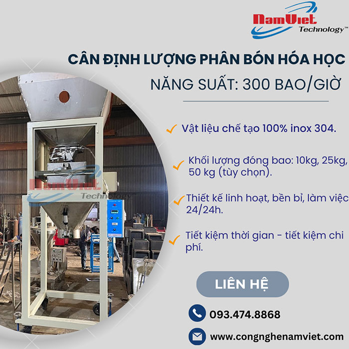 Cân định lượng phân bón hóa học 300 bao/giờ.