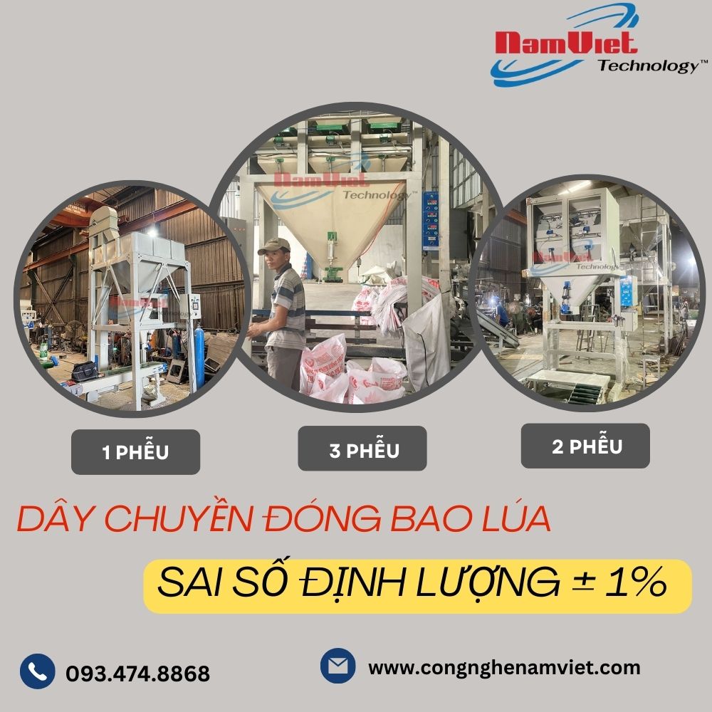 Dây chuyền đóng bao lúa gạo.