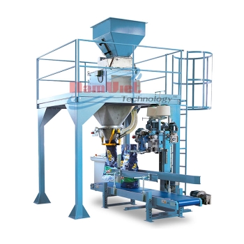 Máy đóng gói gạo 10-25-50kg với hệ thống khâu túi tự động.
