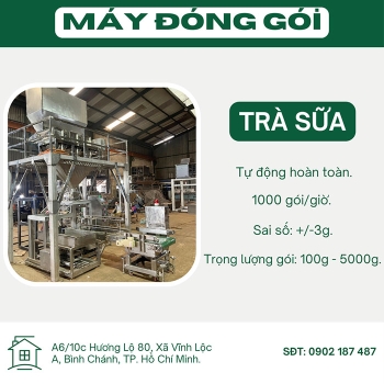 Máy đóng gói trà sữa dạng hạt tự động, định lượng 100g – 5000g.